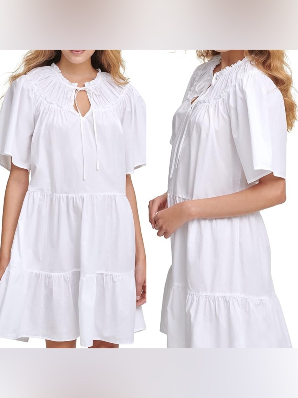 Kensie White Ruffled Puff Sleeve Tie Neck 100% Cotton Mini Dress Women’s Size 6